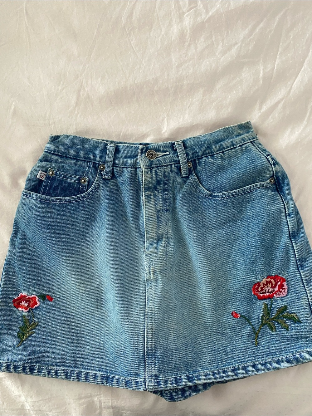 Route 66 Light Blue Denim Mini Skirt with Red Floral Embroidery